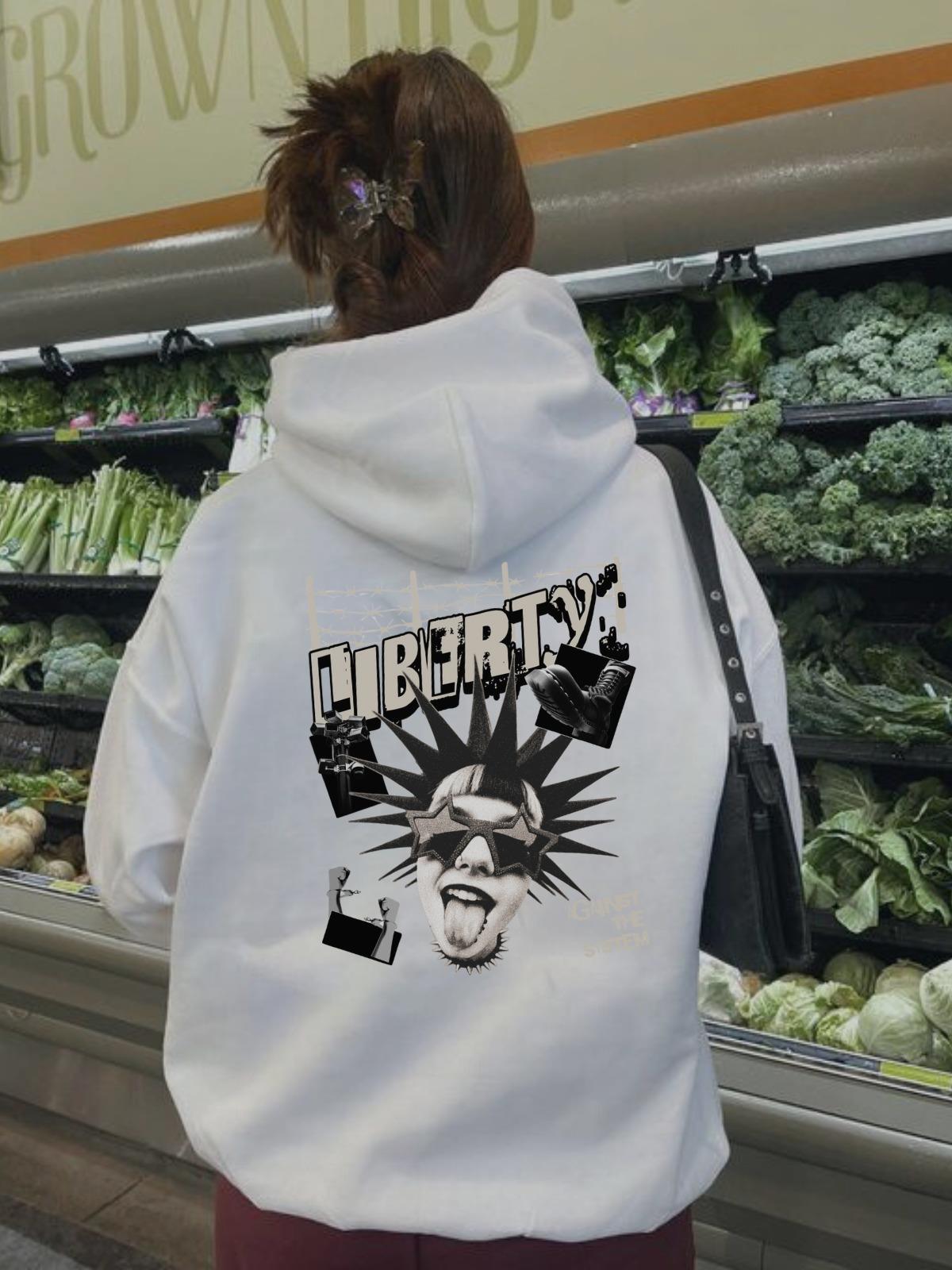 Liberty Baskılı Beyaz Kapşonlu Sweatshirt 