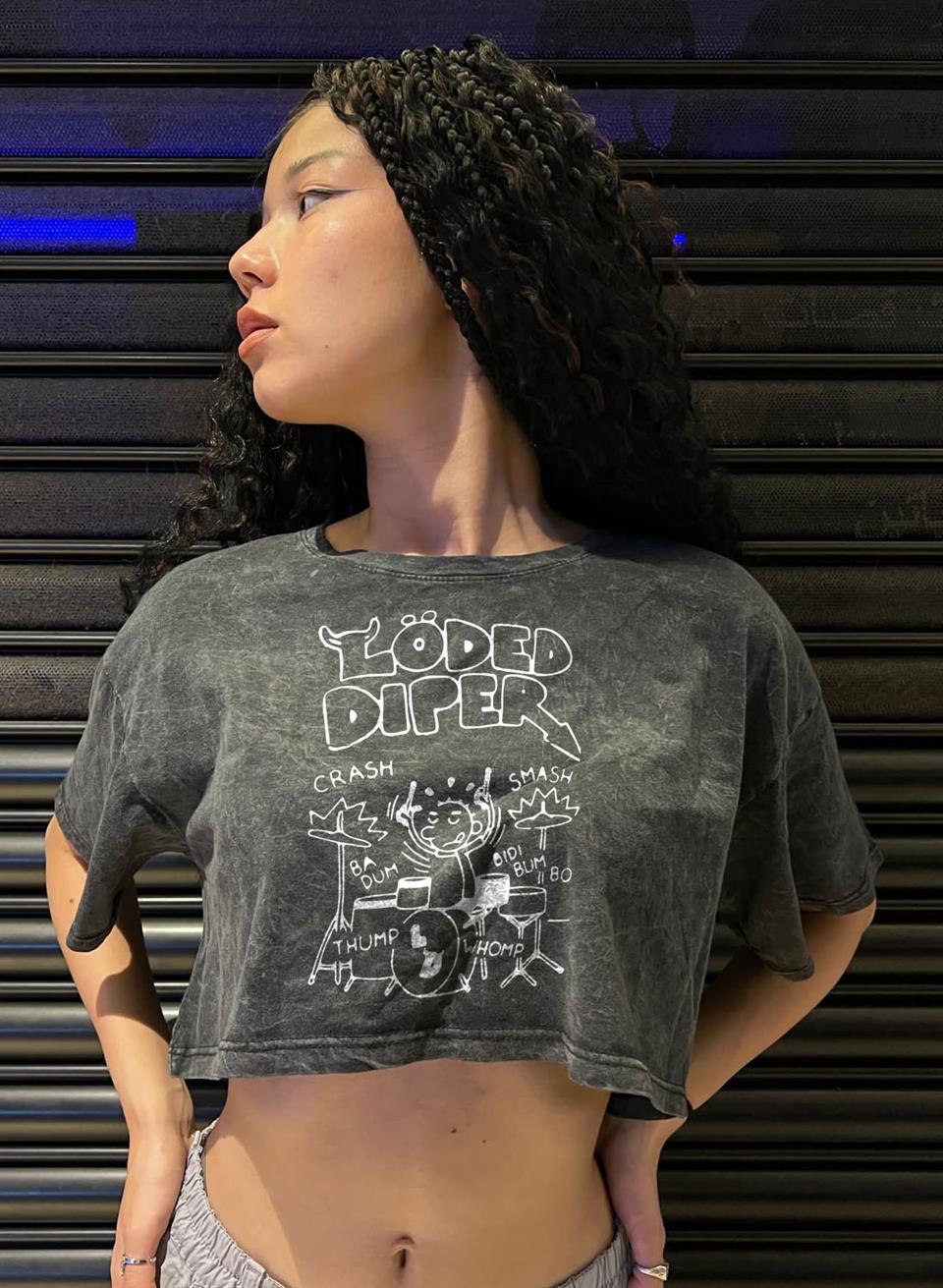 Löded Diper Baskılı Vintage Yıkamalı Oversize Crop