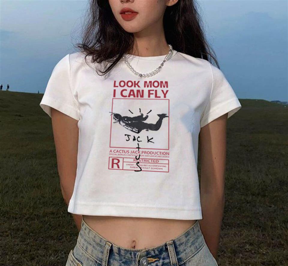'Look Mom I Can Fly'  Baskılı Beyaz Crop