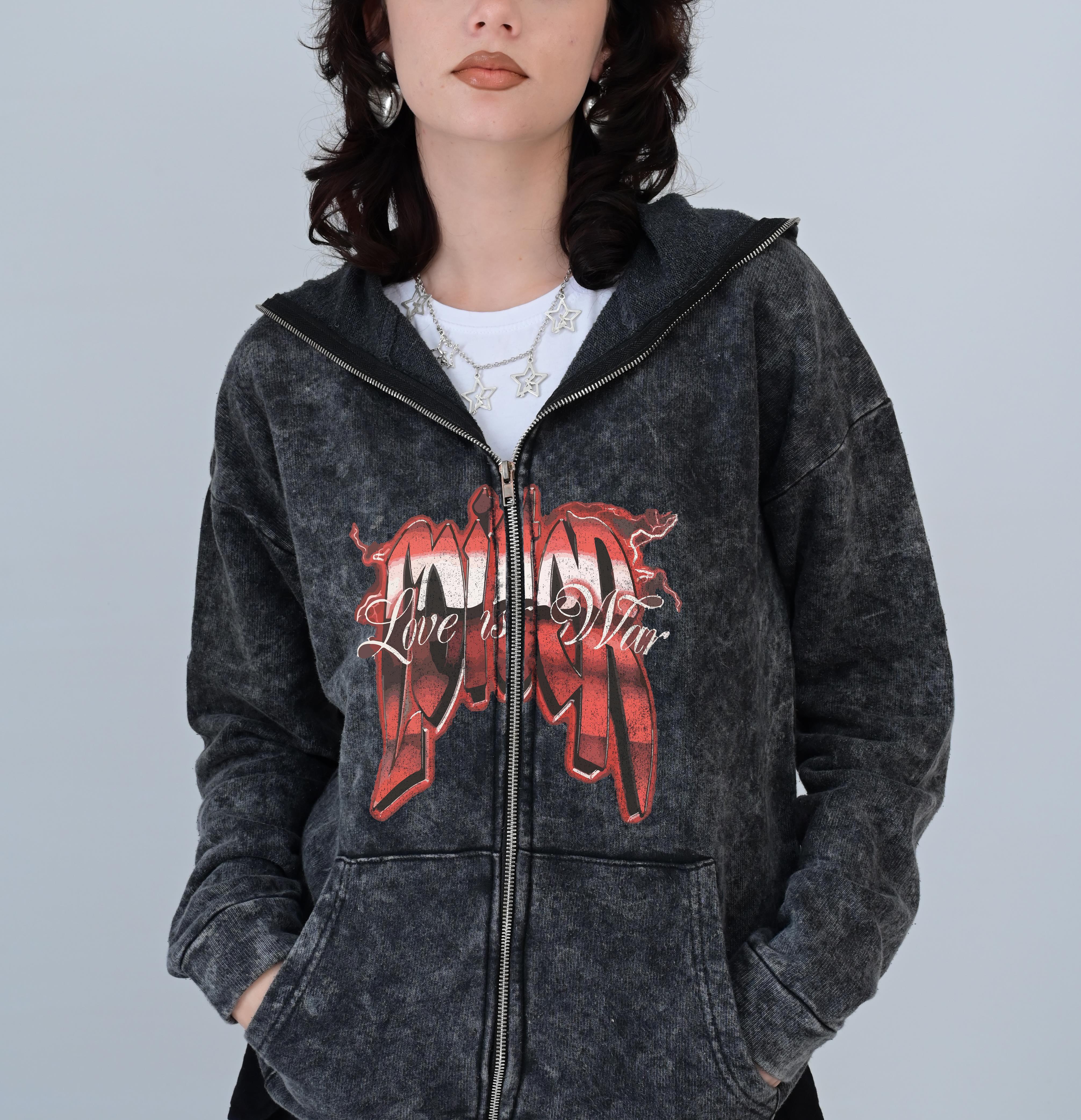 Love Is War Baskılı Vintage Yıkamalı Full Zip Detail Unisex Oversize Kapüşonlu Hırka