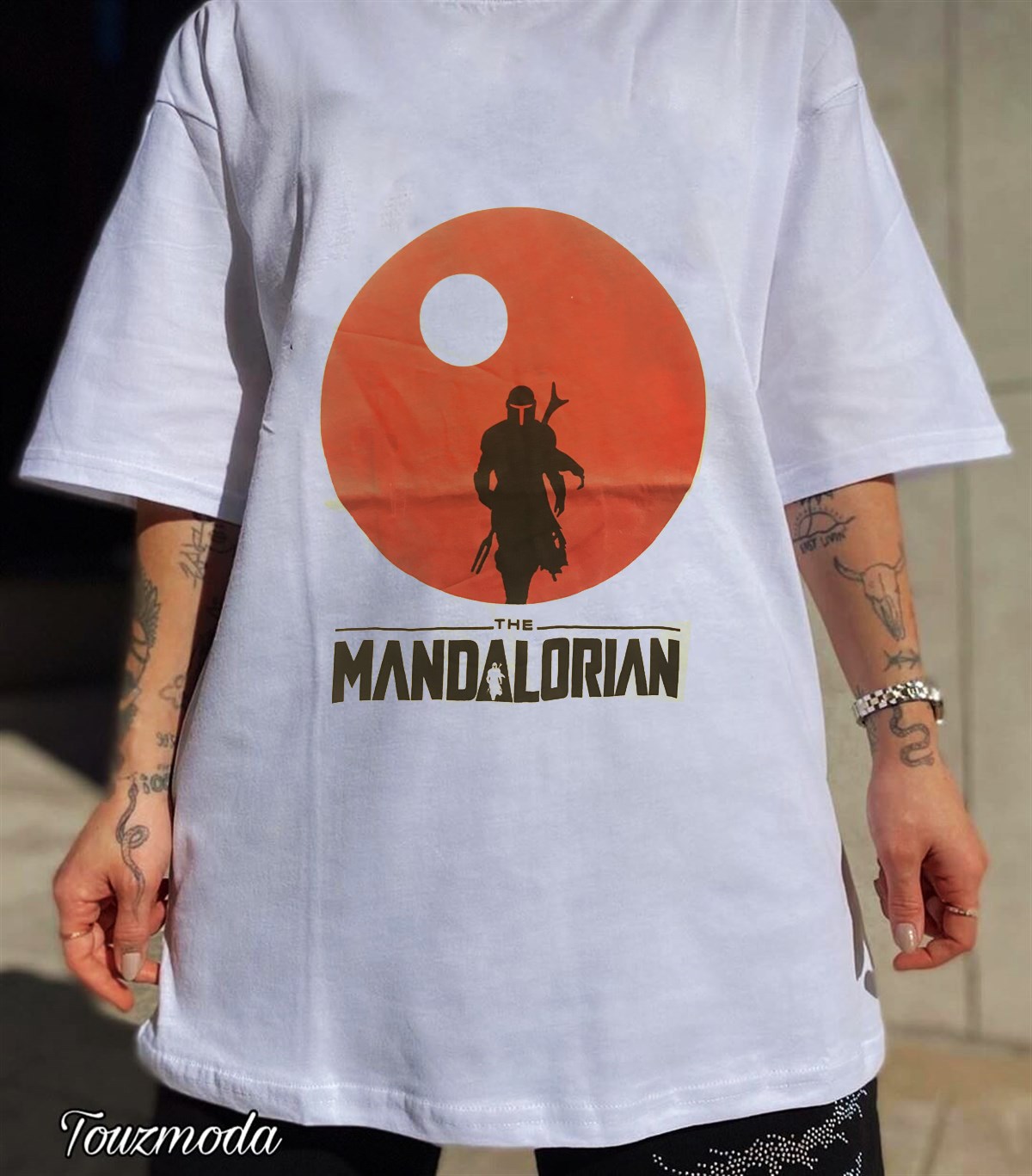 Mandolarian Baskılı Beyaz Oversize Unisex T-shirt