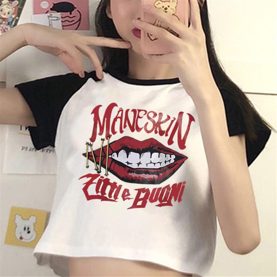 Maneskin Lips Baskılı Reglan Kol Beyaz Crop