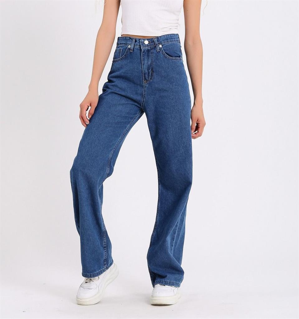 Mavi Bol Paça Jean Palazzo Wide Leg Kot Pantolon