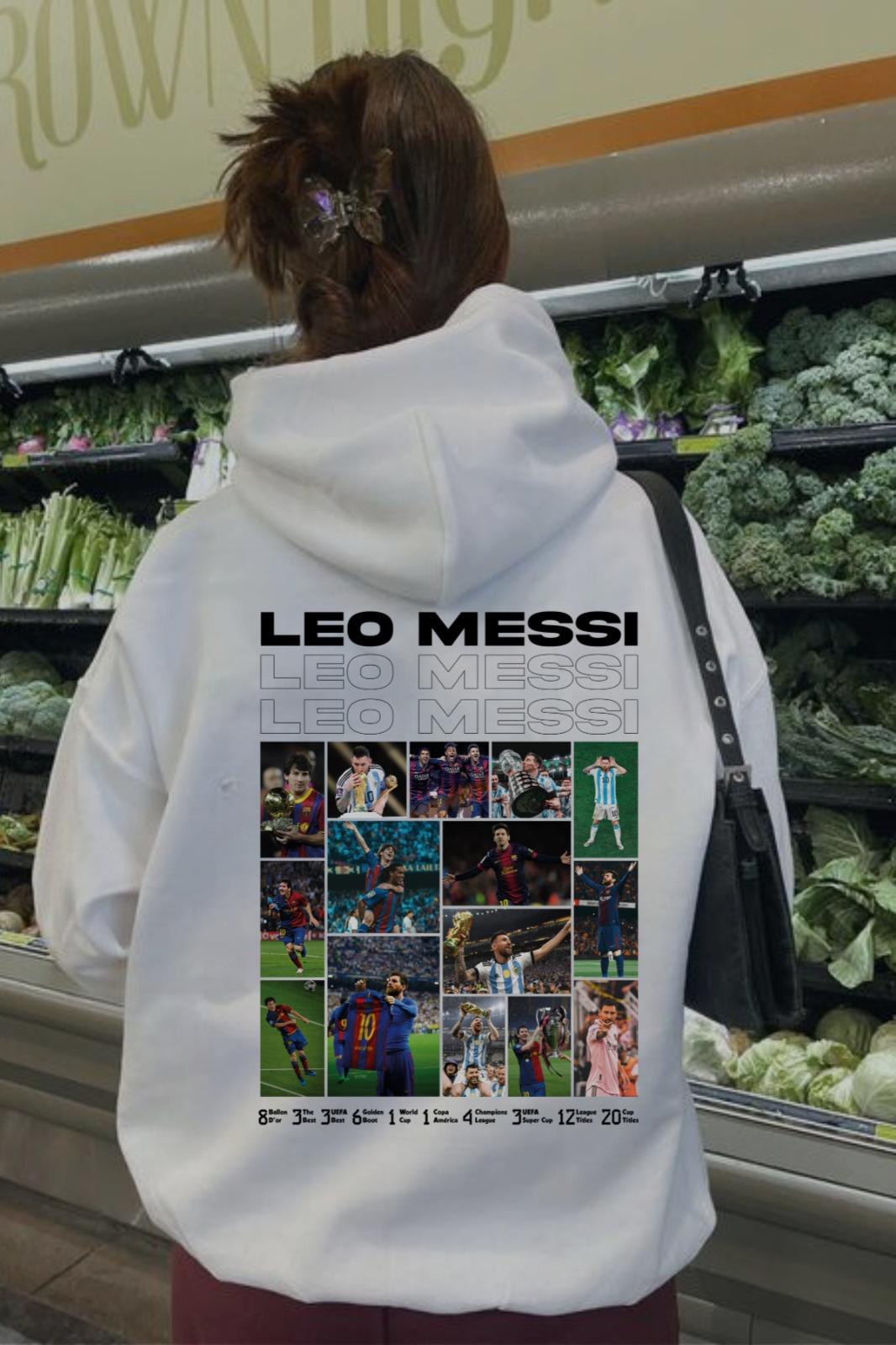 Messi Baskılı Beyaz Kapşonlu Sweatshirt 