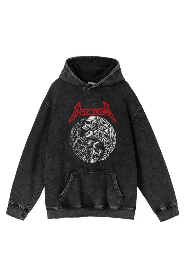 Metallica Baskılı Yıkamalı Vintage Unisex Oversize Kapüşonlu Sweatshirt