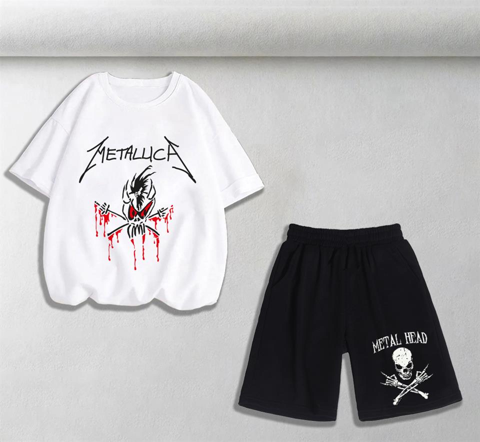Metallica & Metal Head Baskılı Unisex Oversize Beyaz T-shirt & Şort İkili Takım