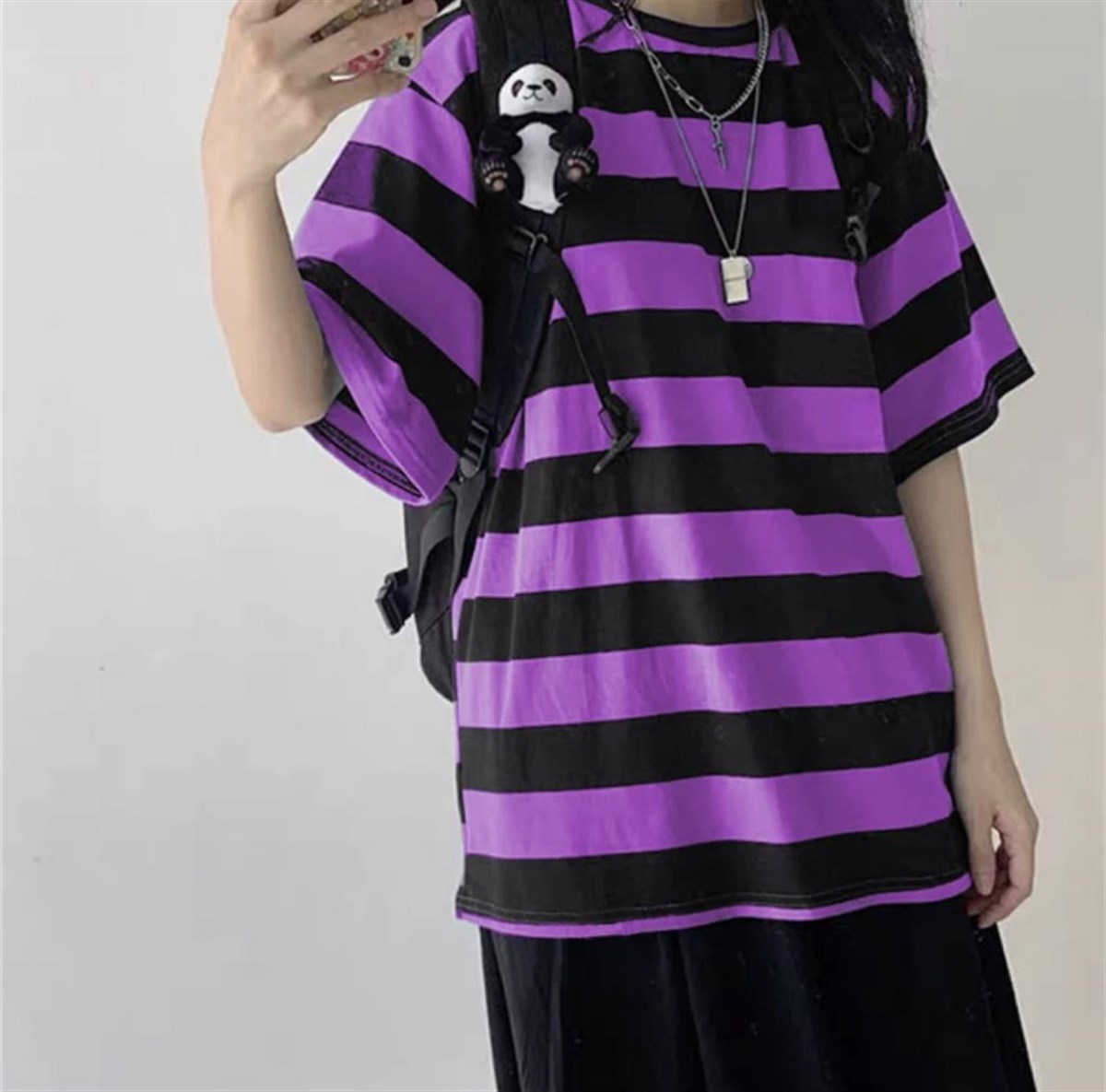 Mor Siyah Çizgili Oversize (Unisex) T-shirt