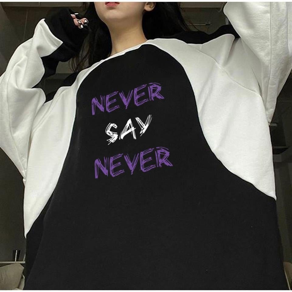 Never Say Never Baskılı Line Detail Unisex Oversize Bisiklet Yaka Siyah Sweatshirt