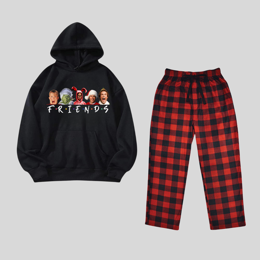 New Year Friends Baskılı Siyah Unisex Oversize Alt Üst Kapşonlu 2 Li Takım