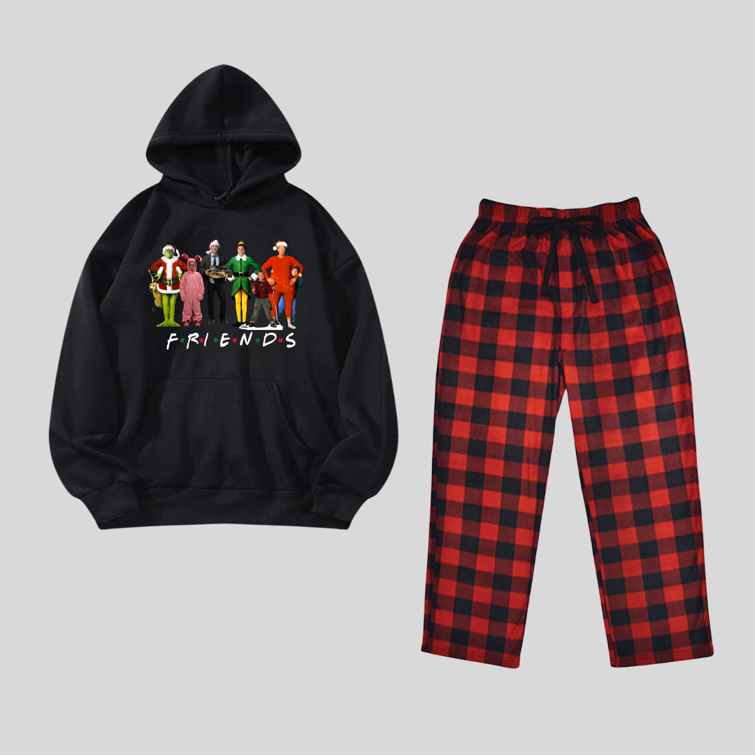 New Year Friends Baskılı Siyah Unisex Oversize Alt Üst Kapşonlu 2 Li Takım