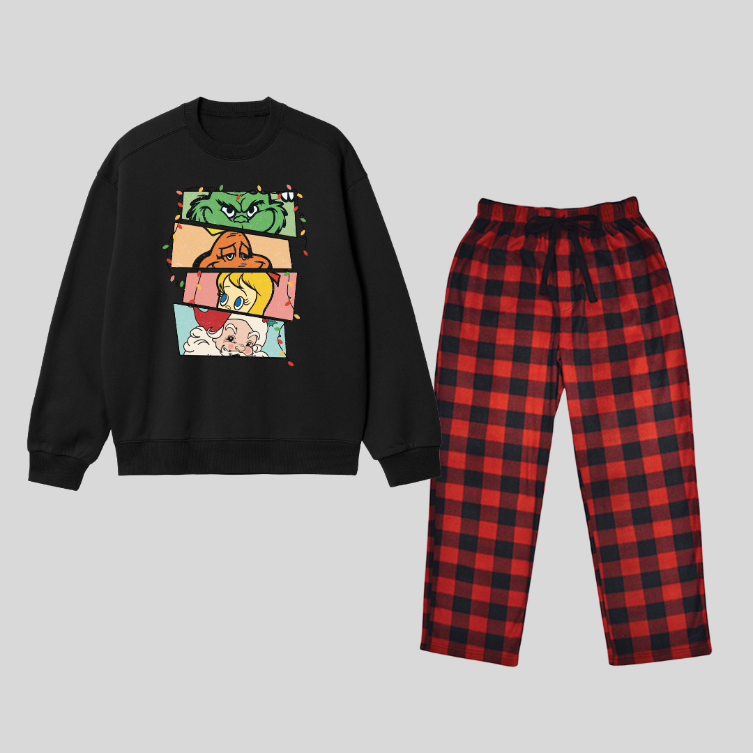 New Year Grinch Face Baskılı Siyah Unisex Oversize Alt Üst 2 Li Takım