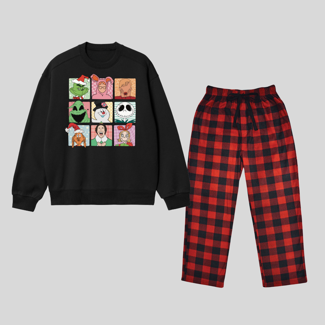 New Year Kolaj Baskılı Siyah Unisex Oversize Alt Üst 2 Li Takım