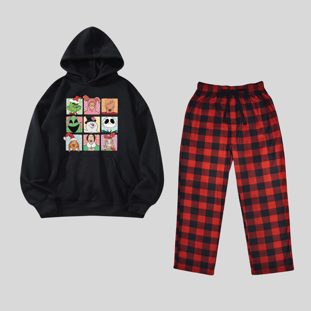 New Year Kolaj Baskılı Siyah Unisex Oversize Alt Üst Kapşonlu 2 Li Takım