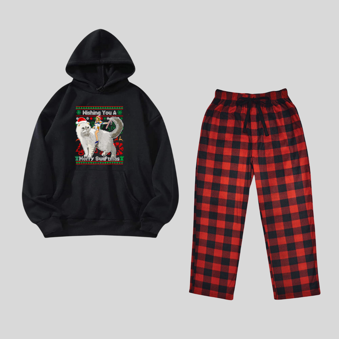 New Year Merry Swiftmas Baskılı Siyah Unisex Oversize  Kapşonlu Alt Üst 2 Li Takım