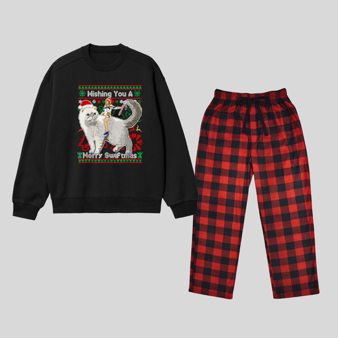 New Year Merry Swiftmas Baskılı Siyah Unisex Oversize Alt Üst 2 Li Takım