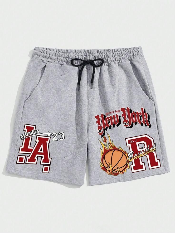 New York Baskılı Gri Unisex Penye Şort