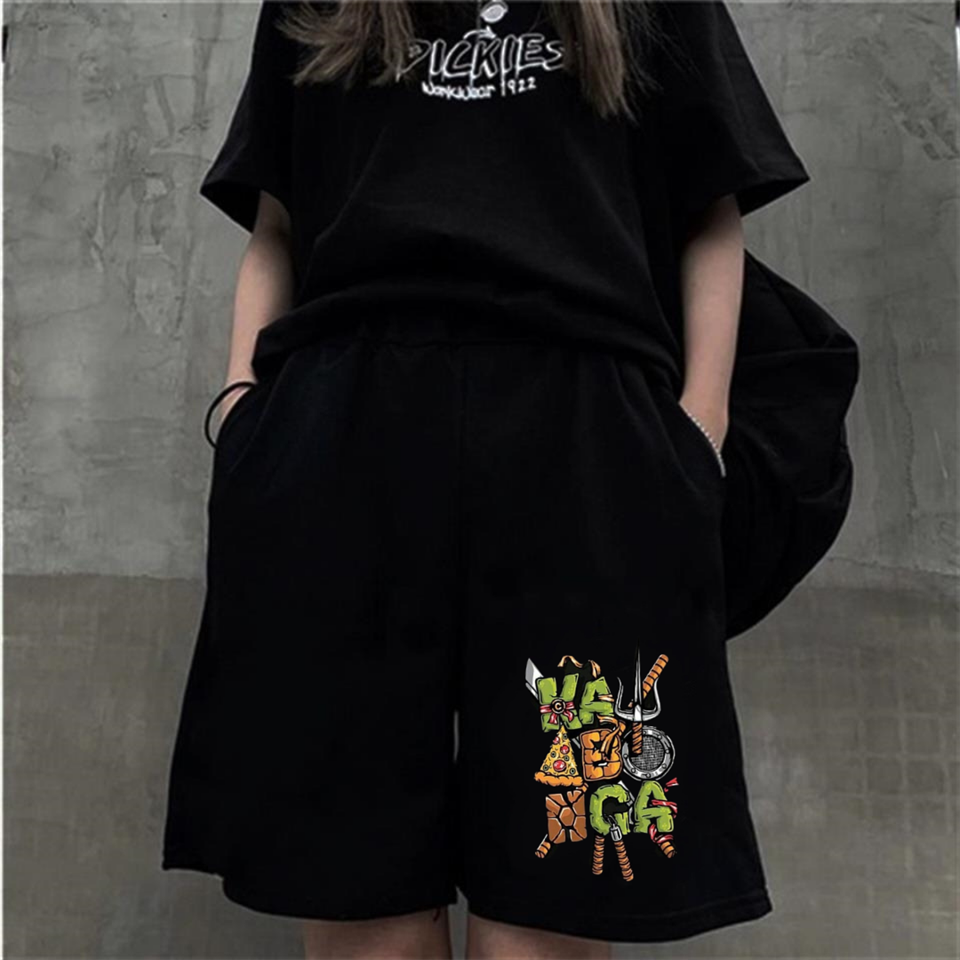 Ninja Kaplumbağa Baskılı Siyah Unisex Penye Şort