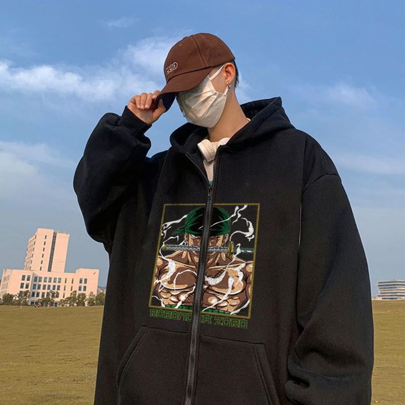 One Piece Roronoa Zoro Baskılı Oversize Fermuarlı Siyah Unisex Kapüşonlu Hırka