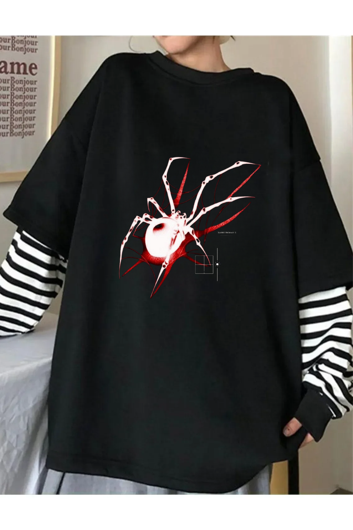 Örümcek Baskılı Unisex Fake Uzun Kollu Siyah T-Shirt