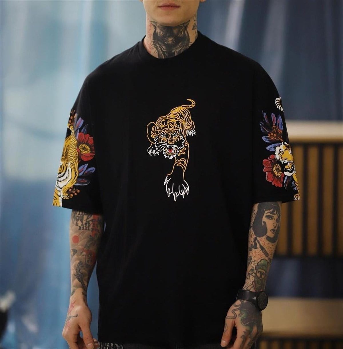Oversize Tiger Unisex Siyah T-Shirt
