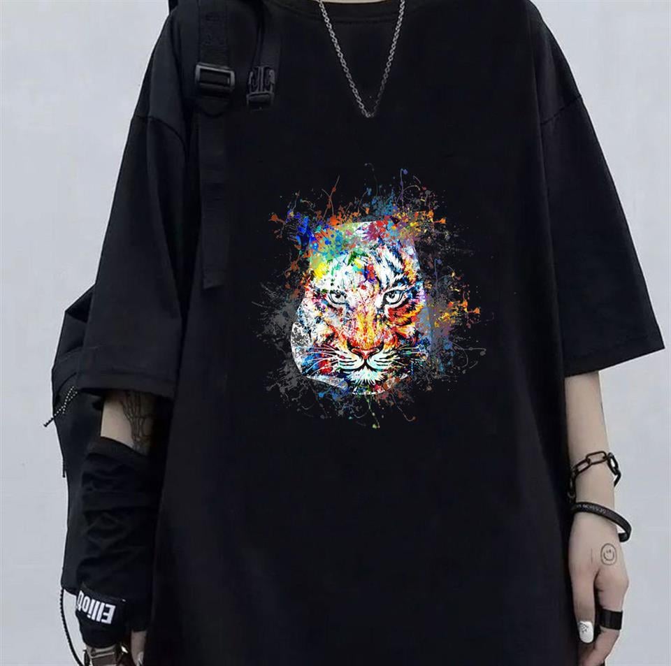 Painted Lion Baskılı Siyah Unisex Oversize T-shirt