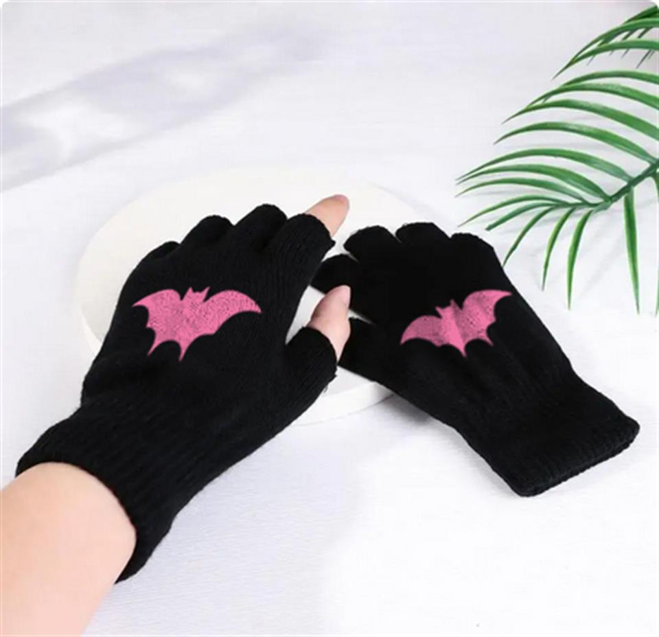 Pink Bat Baskılı Unisex Siyah Kesik Çift Eldiven