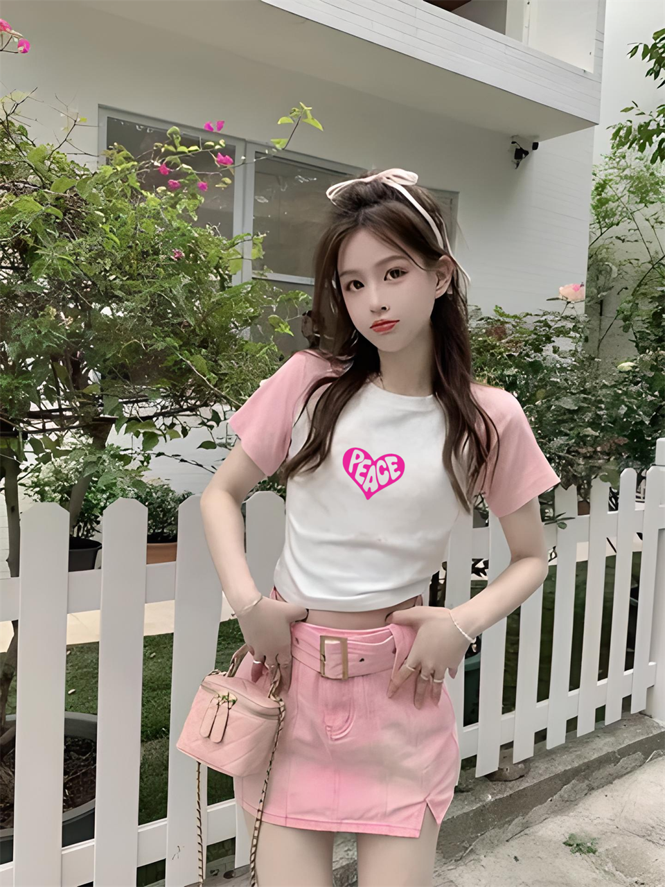 Pink Peace Baskılı Pembe Reglan Kol Beyaz Crop