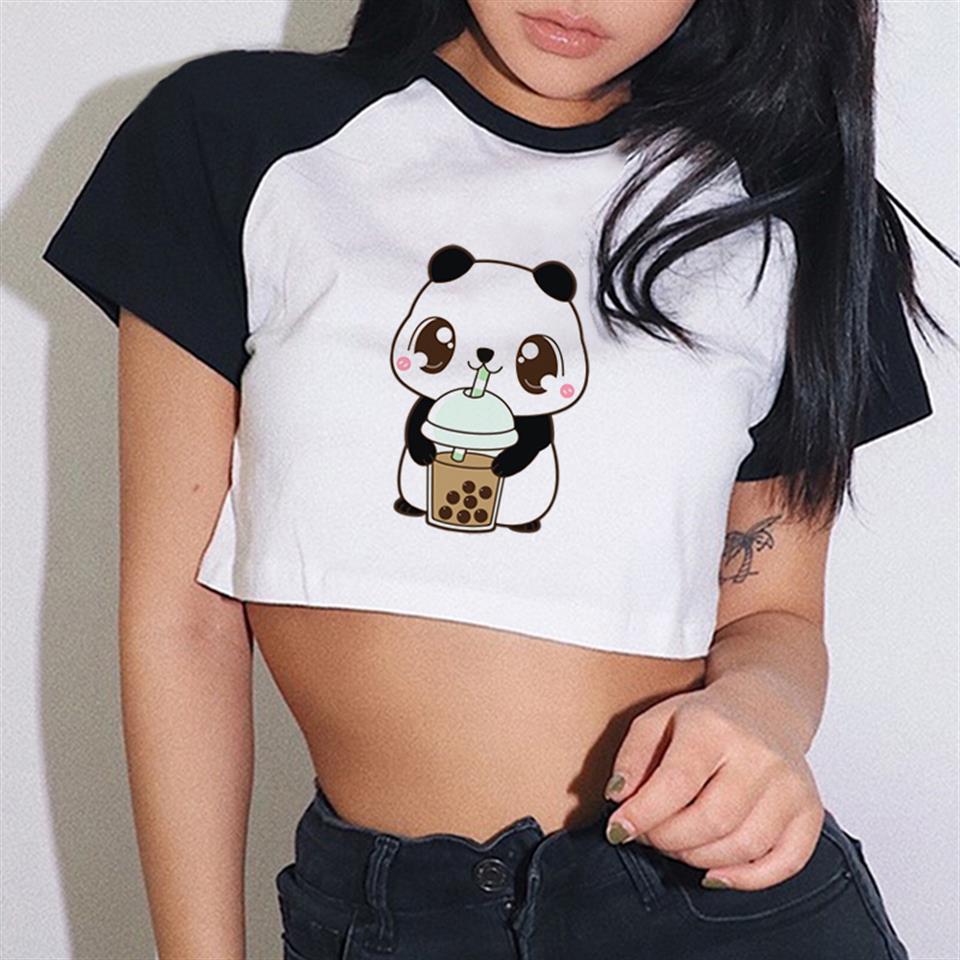 Pretty Panda Baskılı Reglan Kol Beyaz Crop