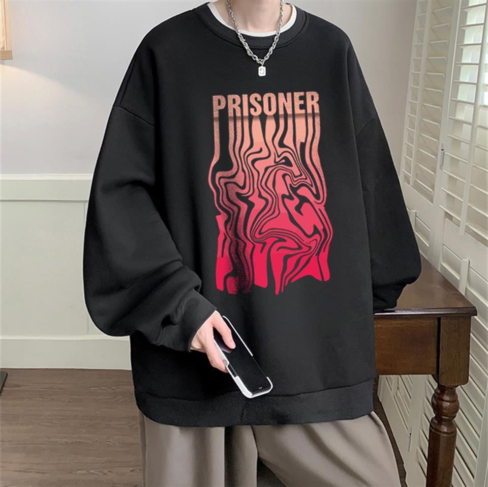 Prisoner Baskılı Siyah Unisex Oversize Bisiklet Yaka Sweatshirt