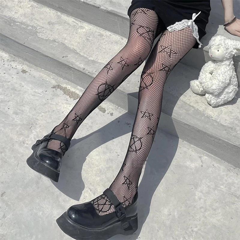 Punk Gothic Pentagram Desenli Ithal Fileli Külotlu Çorap