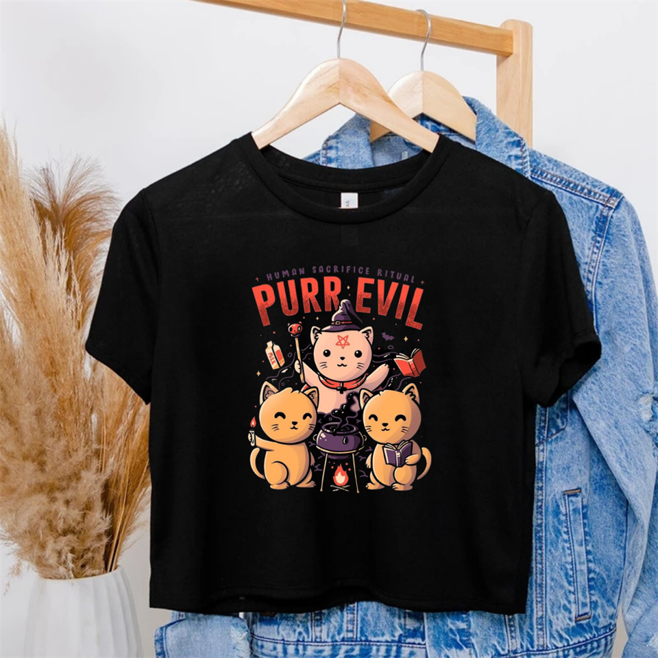 Purr Evil Baskılı Siyah Crop