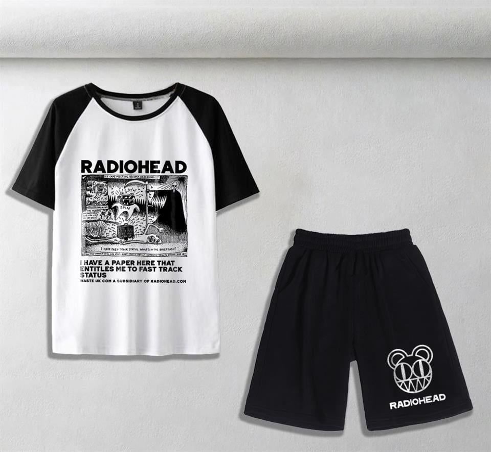 Radiohead Baskılı Unisex Oversize Beyaz T-shirt & Şort İkili Takım