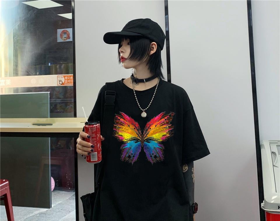 Rainbow Butterfly Baskılı Siyah Unisex Oversize T-shirt