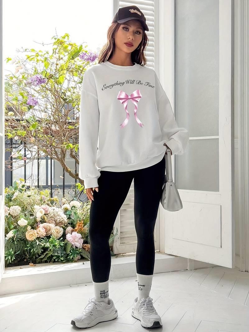 Ribbon Baskılı Beyaz Unisex Oversize Bisiklet Yaka Sweatshirt