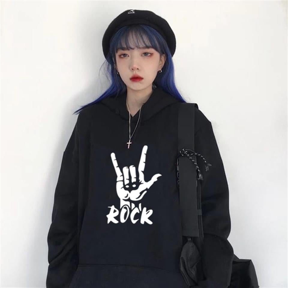 Rock Baskılı Siyah Unisex Kapüşonlu Oversize Sweatshirt Hoodie