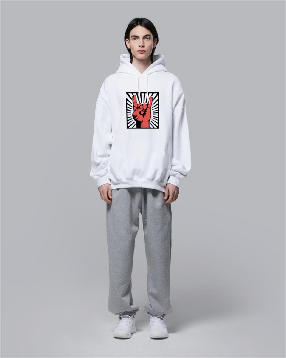 Rock Hand Beyaz Unisex Kapüşonlu Oversize Sweatshirt Hoodie