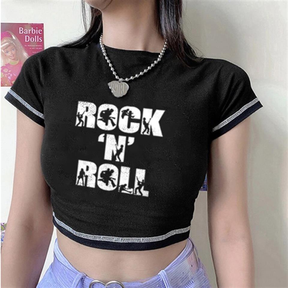 Rock 'N' Roll Baskılı Ters Dikiş Siyah Crop