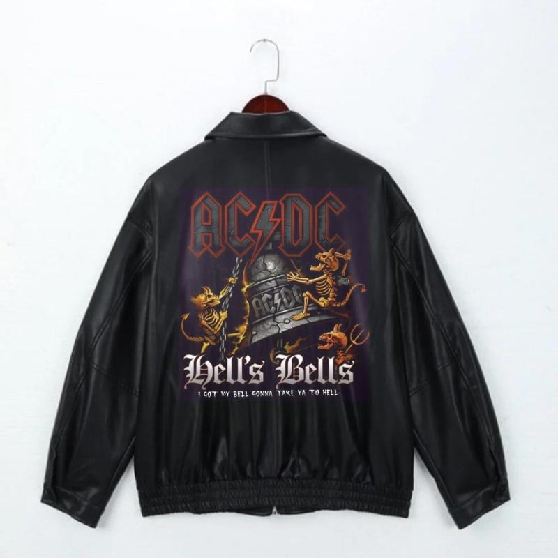 Rock Serisi Ac/Dc Baskılı Streetwear Siyah Oversize Unisex Astarlı Deri Ceket