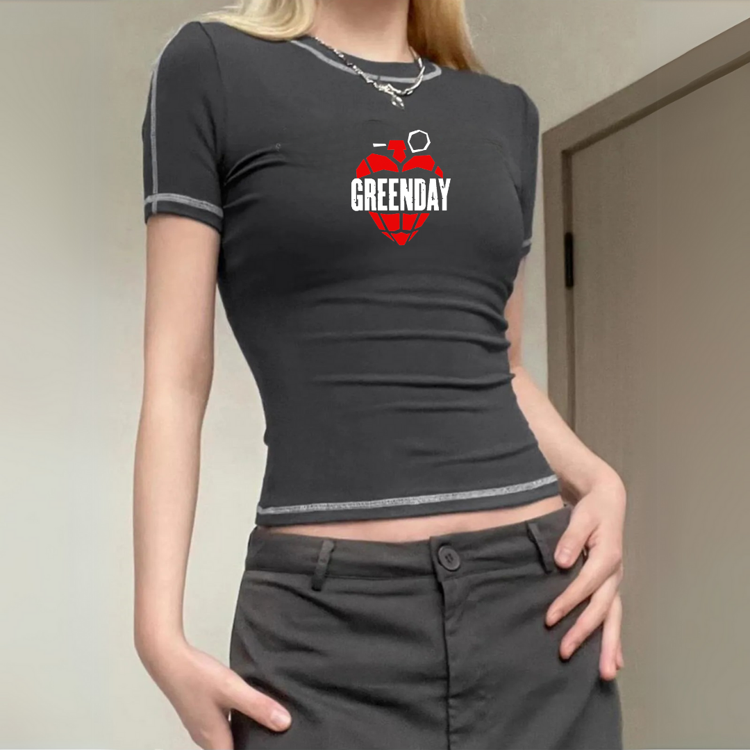 Rock Serisi Green Day Antrasit Crop Bluz