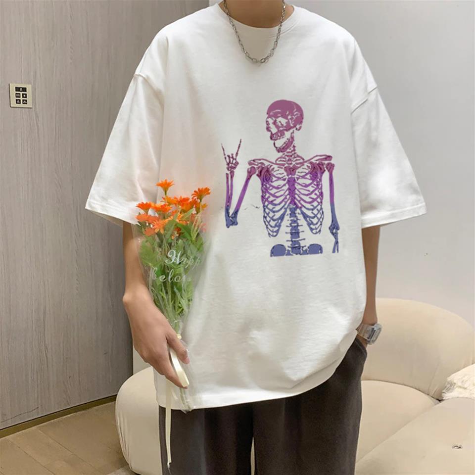 Rock Skeleton Baskılı Beyaz Unisex Oversize T-shirt