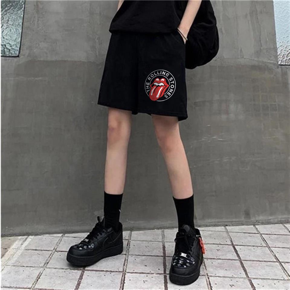 Rolling Stones Baskılı Siyah Unisex Penye Şort