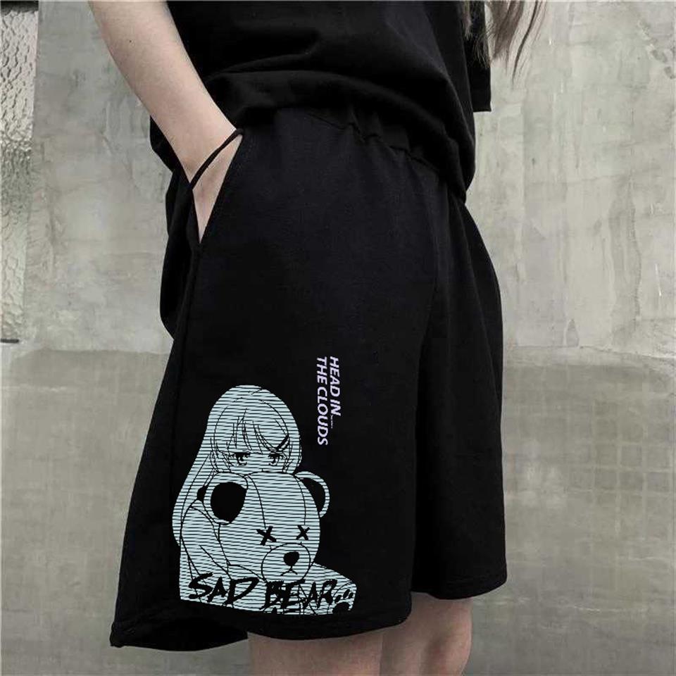Sad Bear & Girl Baskılı Siyah Unisex Penye Şort