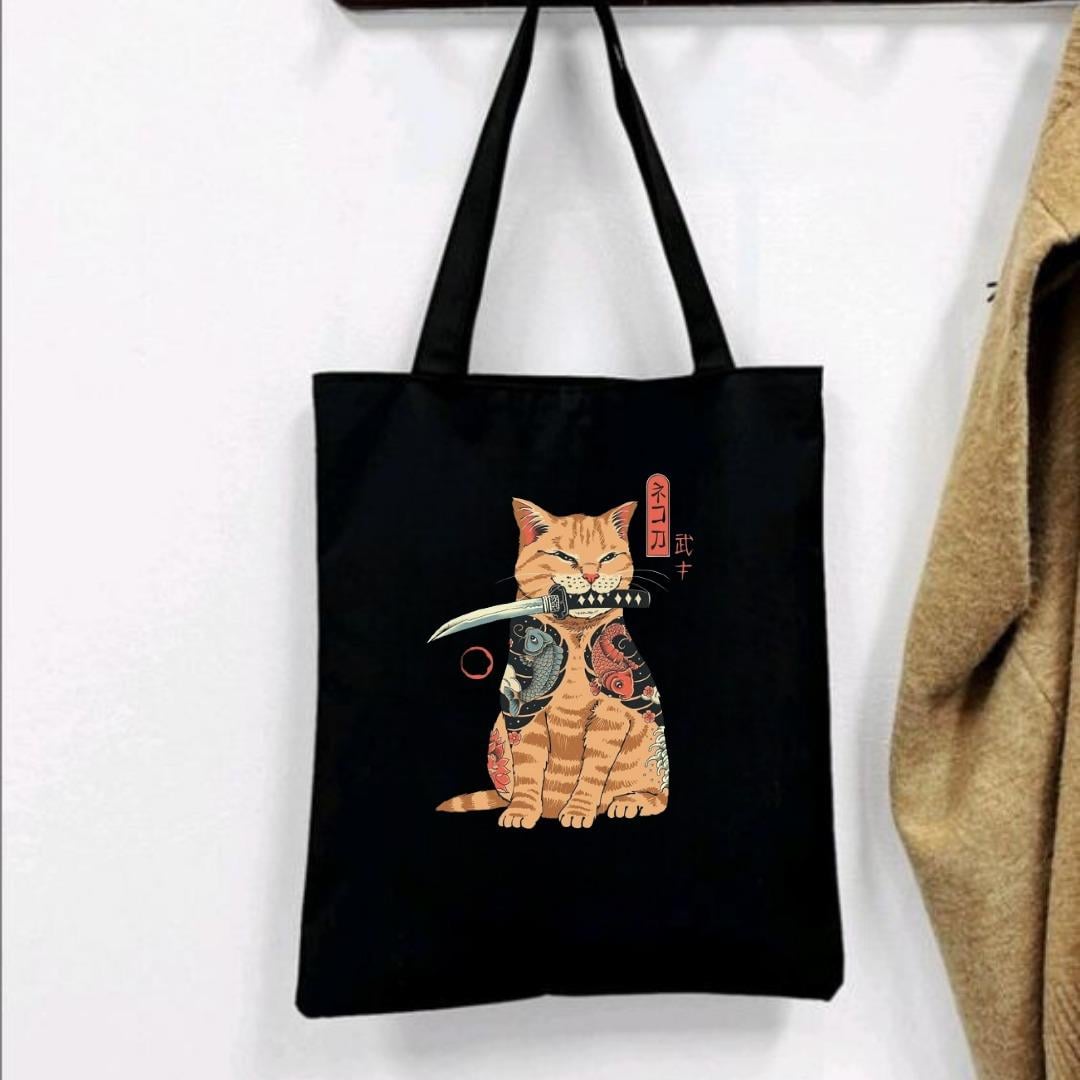 Samurai Cat Siyah Bez Çanta 