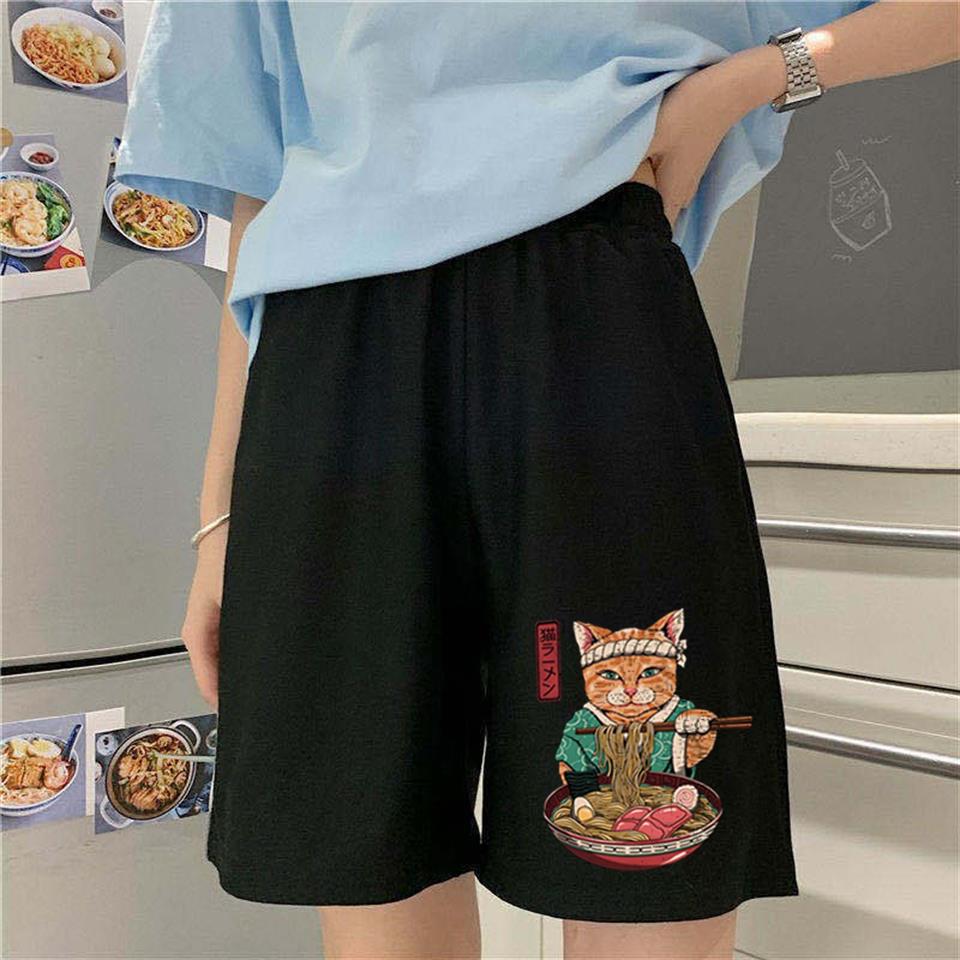 Samurai Cat Spaghetti Baskılı Siyah Unisex Penye Şort