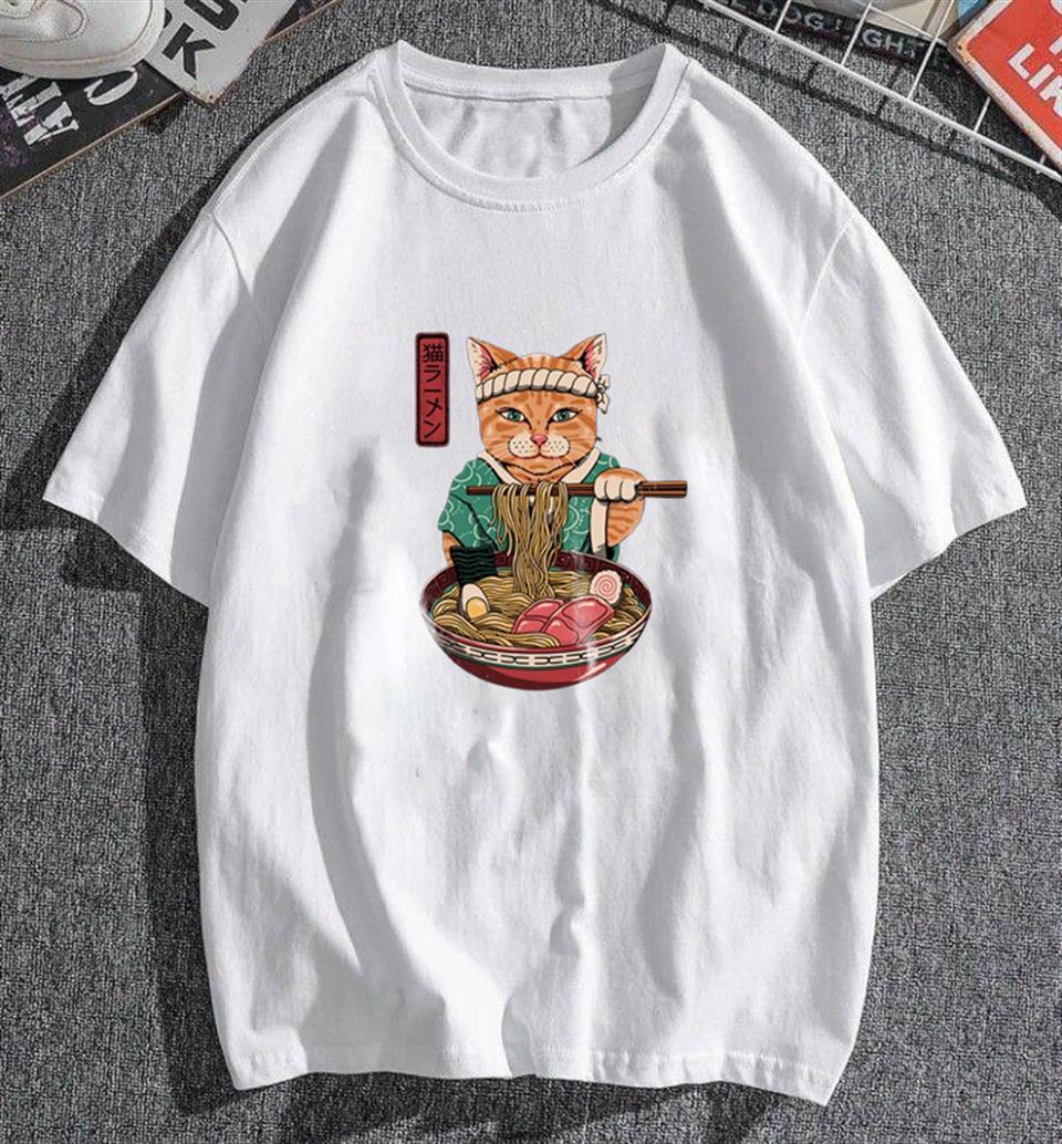 Samurai Cat Spaghetti Beyaz Unisex Oversize T-shirt