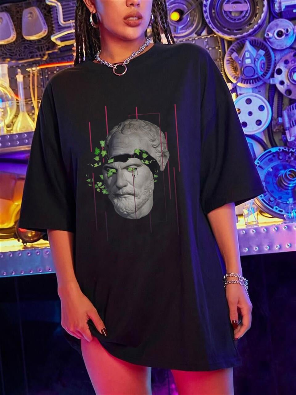 Sculpture Art & Leafs Siyah Unisex Oversize T-shirt
