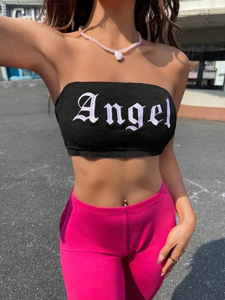 Siyah Angel Baskılı Likralı Pamuklu Penye Straplez 