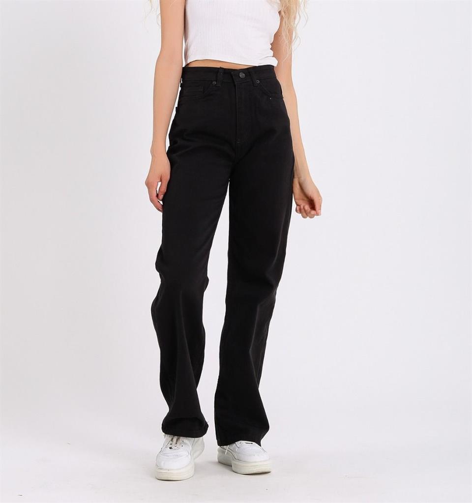 Siyah Bol Paça Jean Palazzo Wide Leg Kot Pantolon