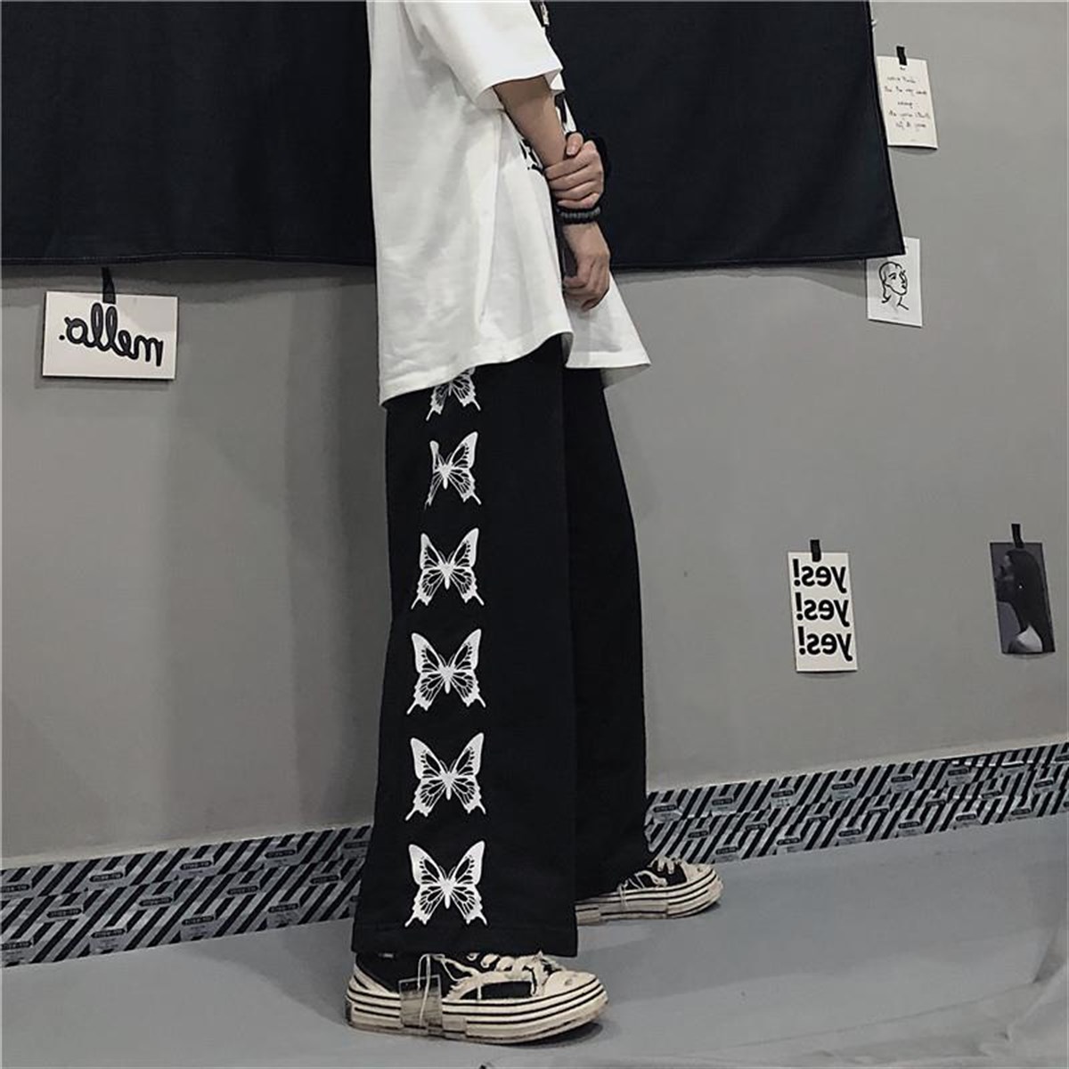 Siyah Harajuku Retro Unisex Butterfly Bol Paça Eşofman Altı