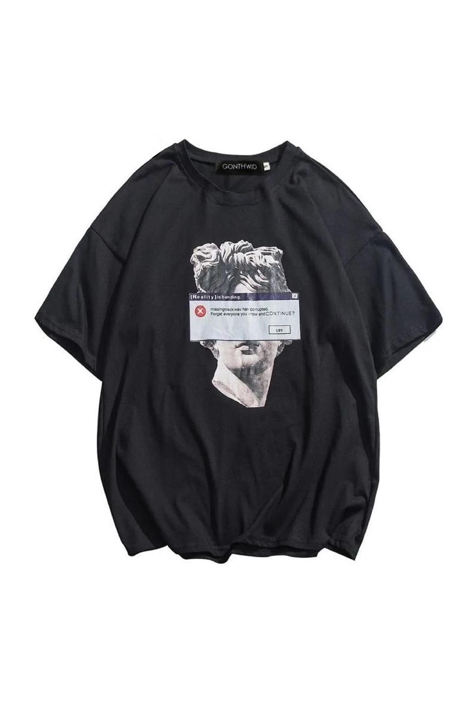 Siyah Michelangelo Heykeli Baskılı Oversize T-Shirt